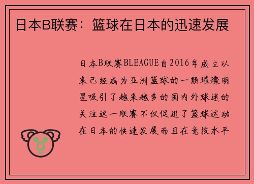 日本B联赛：篮球在日本的迅速发展