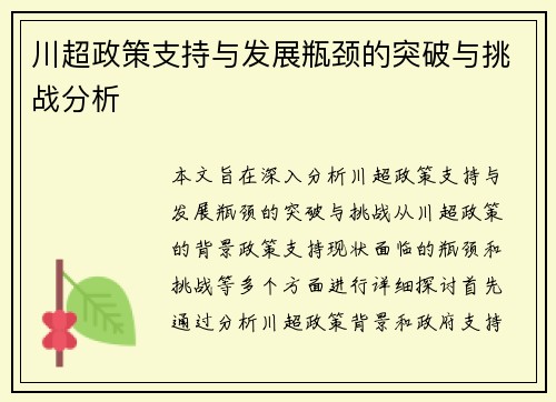 川超政策支持与发展瓶颈的突破与挑战分析